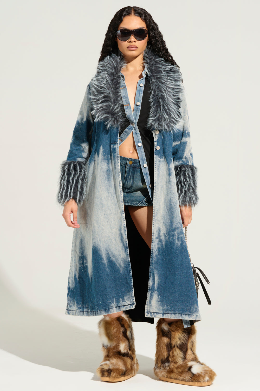 LIV FUR TRIM DENIM TRENCH