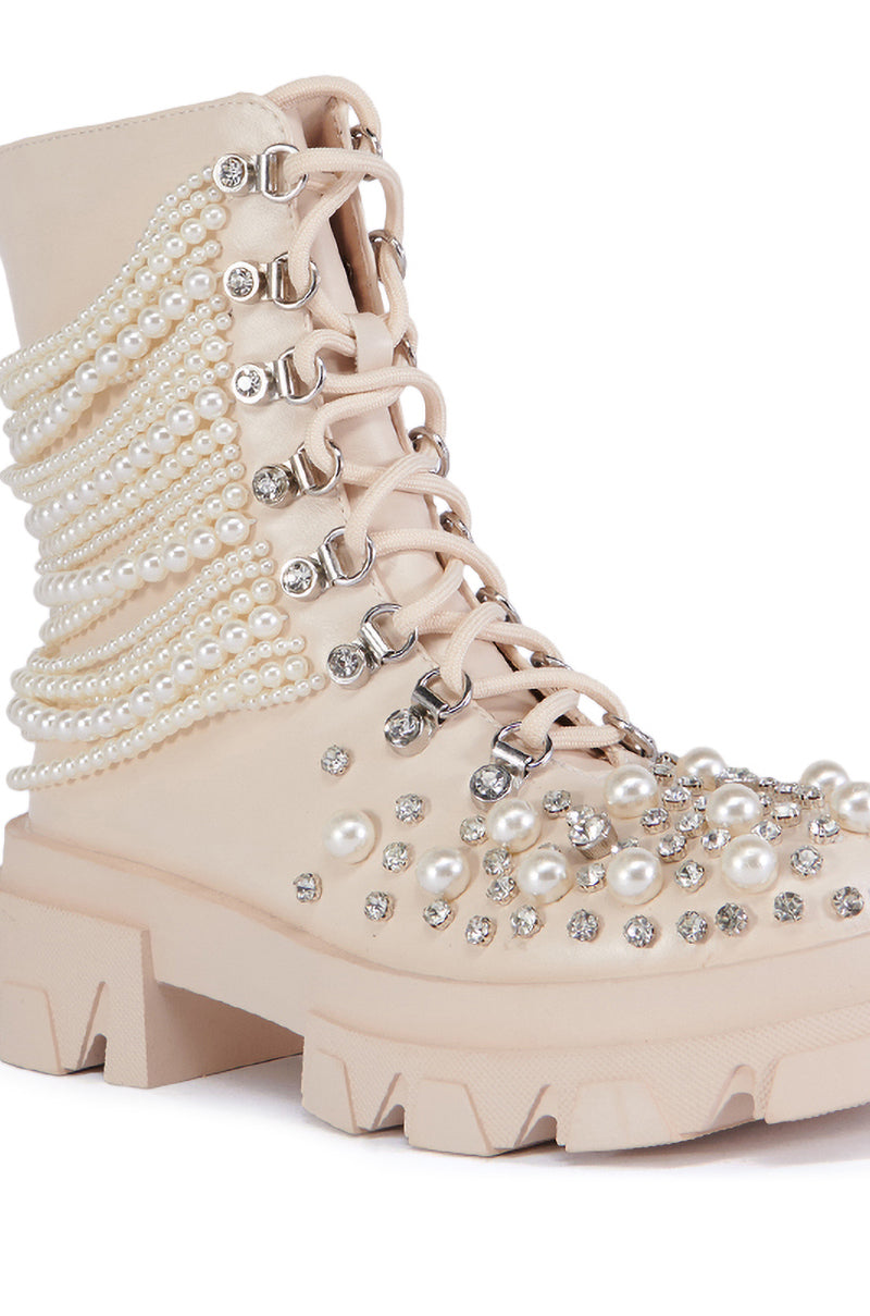 AZALEA WANG TWINKLEY BONE PEARL EMBELLISHED COMBAT BOOTIE