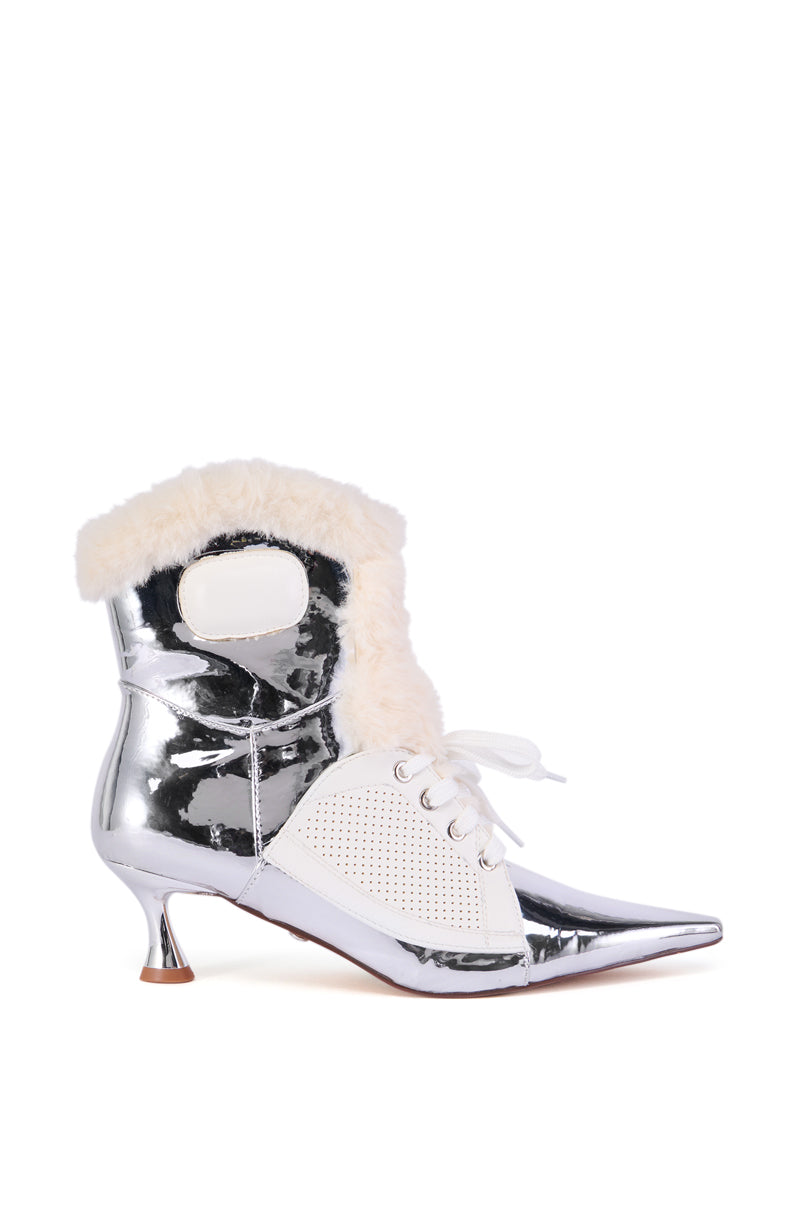 AZALEA WANG CONTESSA SILVER CHROME BOOTIE WITH FUR TRIM