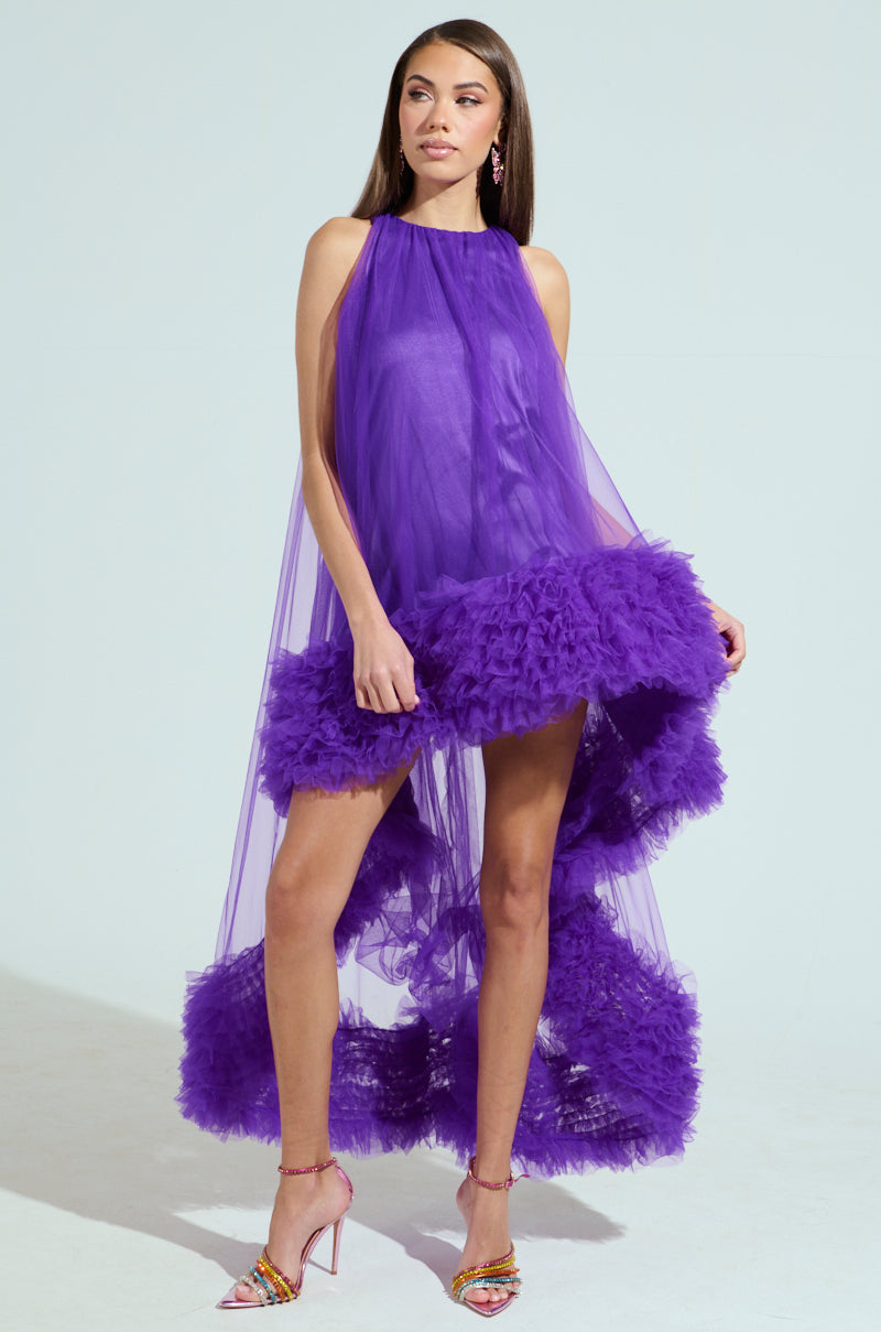 ARI TULLE RUFFLE HIGH LOW DRESS IN PURPLE