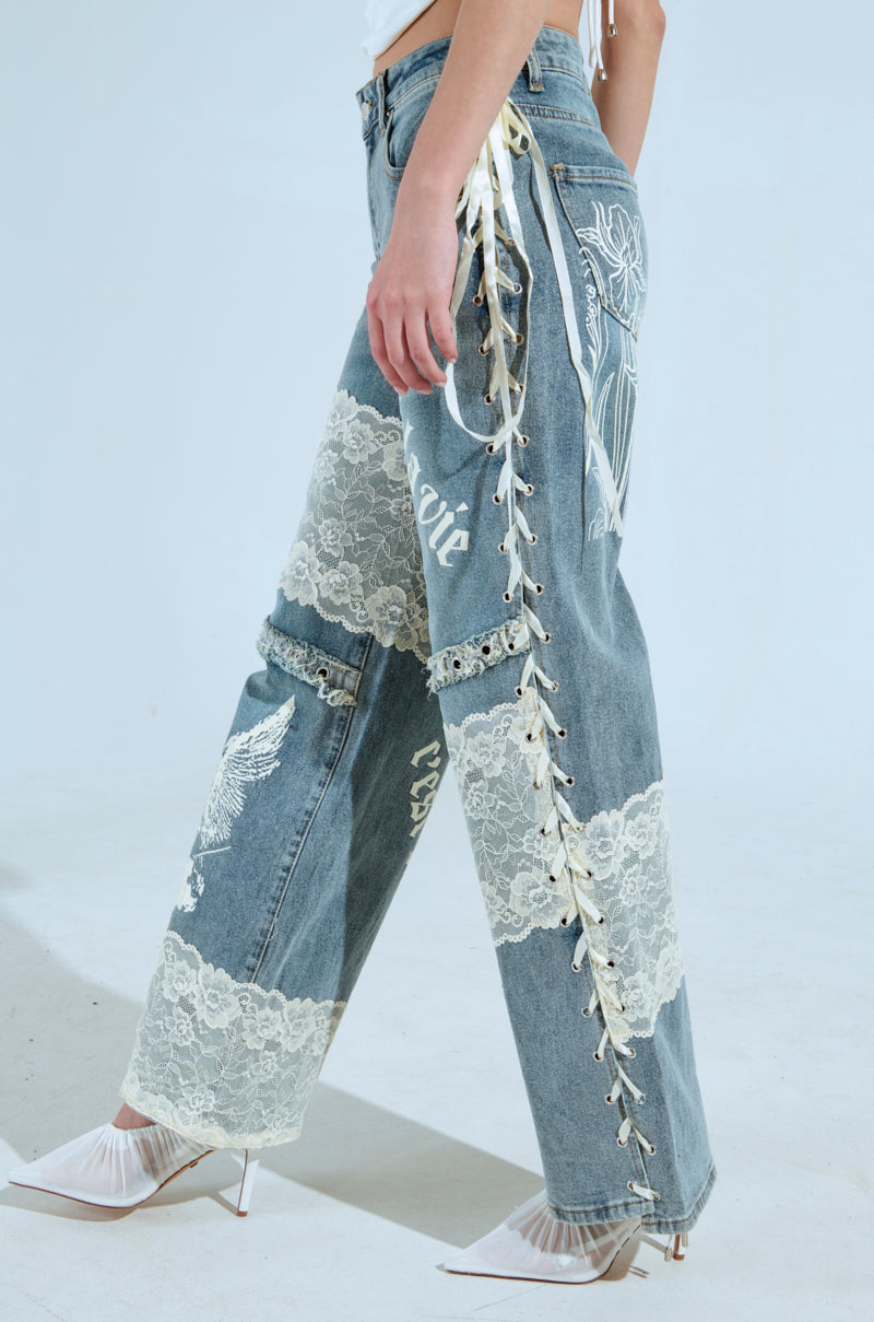 FEMME FATALE PRINTED AND LACE UP DETAIL DENIM JEANS