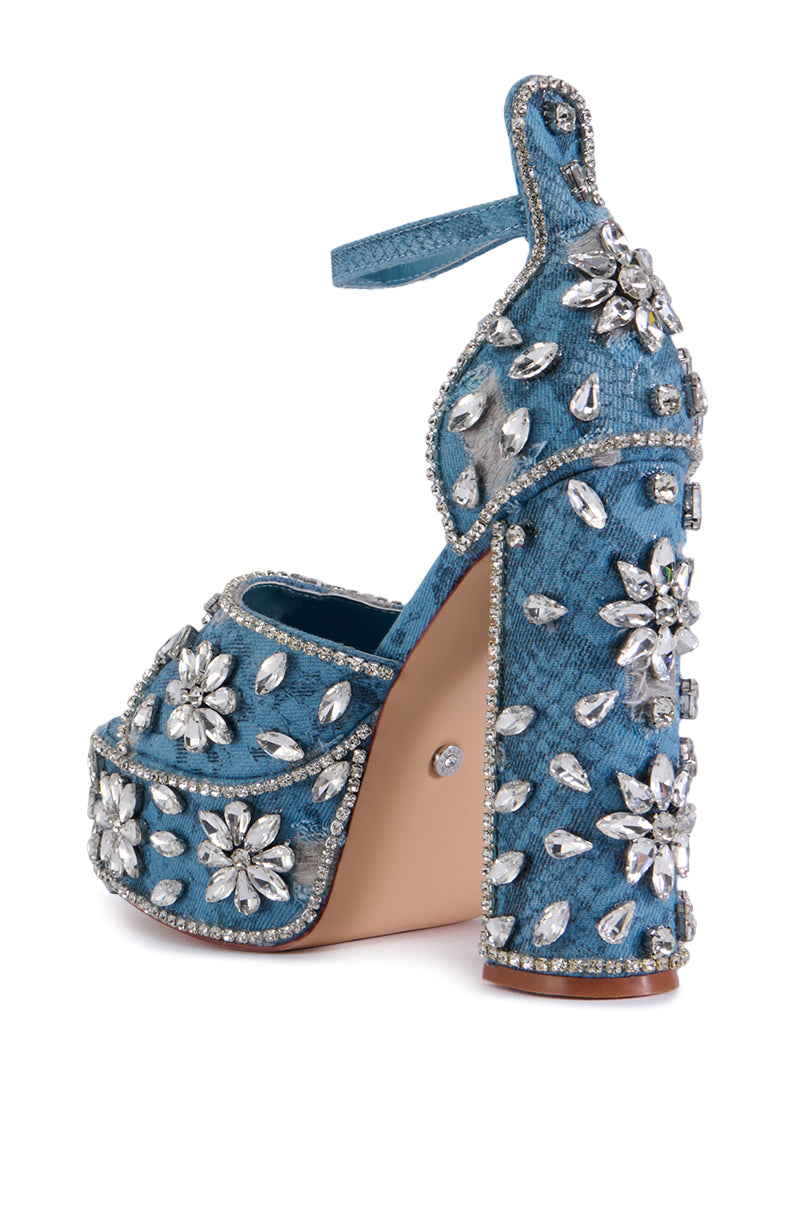 AZALEA WANG CHARLIZE DENIM SNAKE SKIN SANDAL WITH RHINESTONES