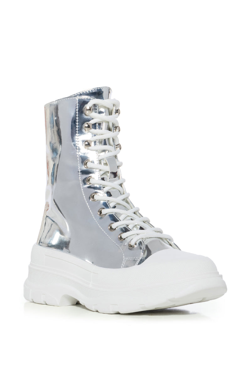 AZALEA WANG KHAZA SILVER MIRROR LACE UP COMBAT BOOTIE