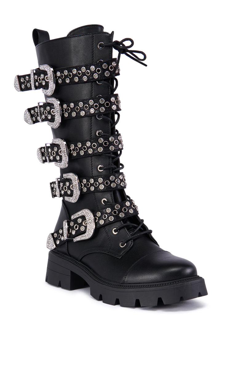 AZALEA WANG BALLADE BLACK EMBELLISHED RHINESTONE BUCKLE BOOT