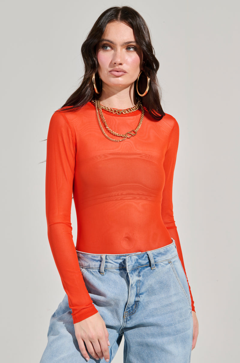 PAXTON MESH LONG SLEEVE CREW NECK BODYSUIT IN ORANGE