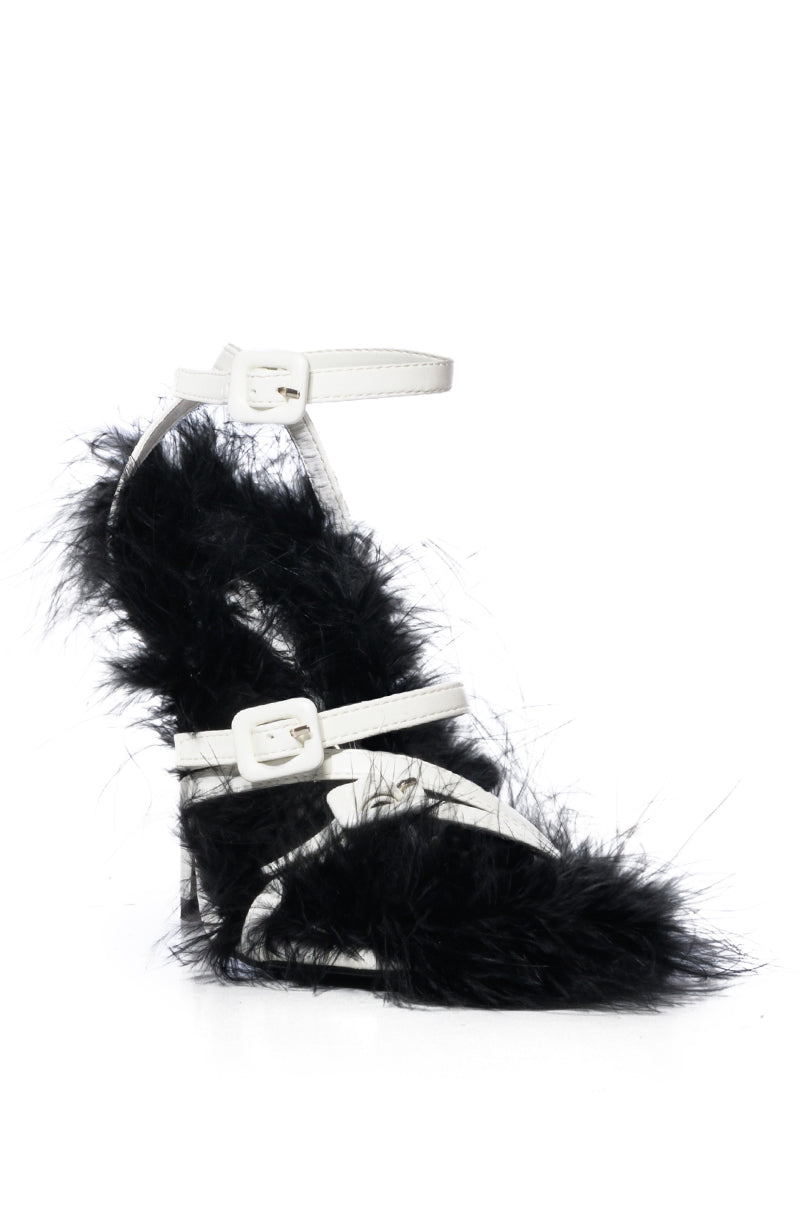 AZALEA WANG BODHI WHITE AND BLACK FUZZY STILLETO SANDAL