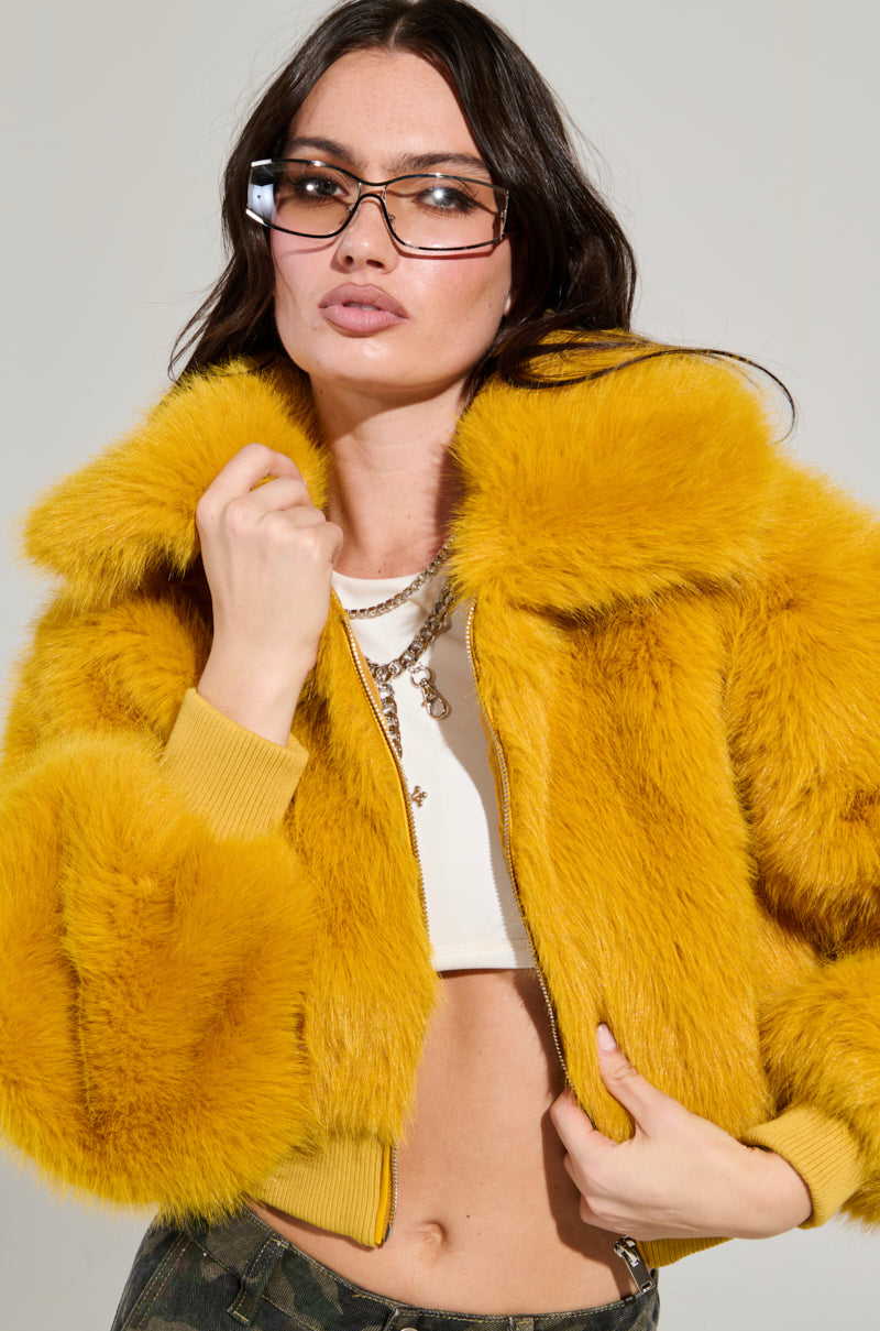 DREW FAUX FUR BOMBER IN YELLOW