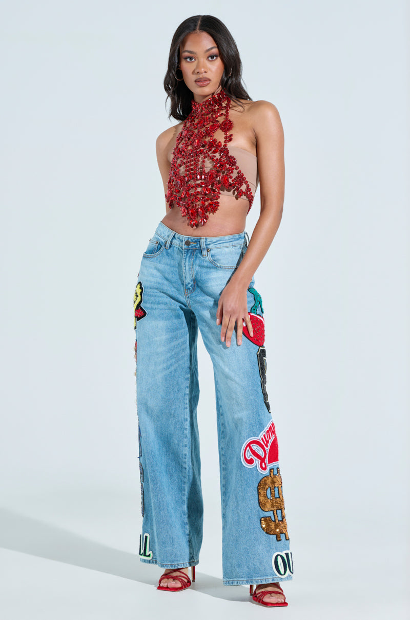 CHECK IT OUT OVERSIZED PATCH JEANS