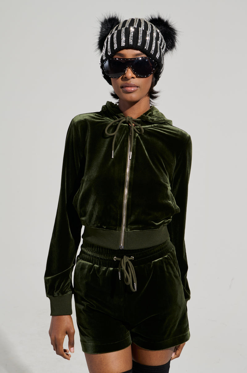 BRAT RHINESTONE VELVET OLIVE ZIP UP SWEATSHIRT