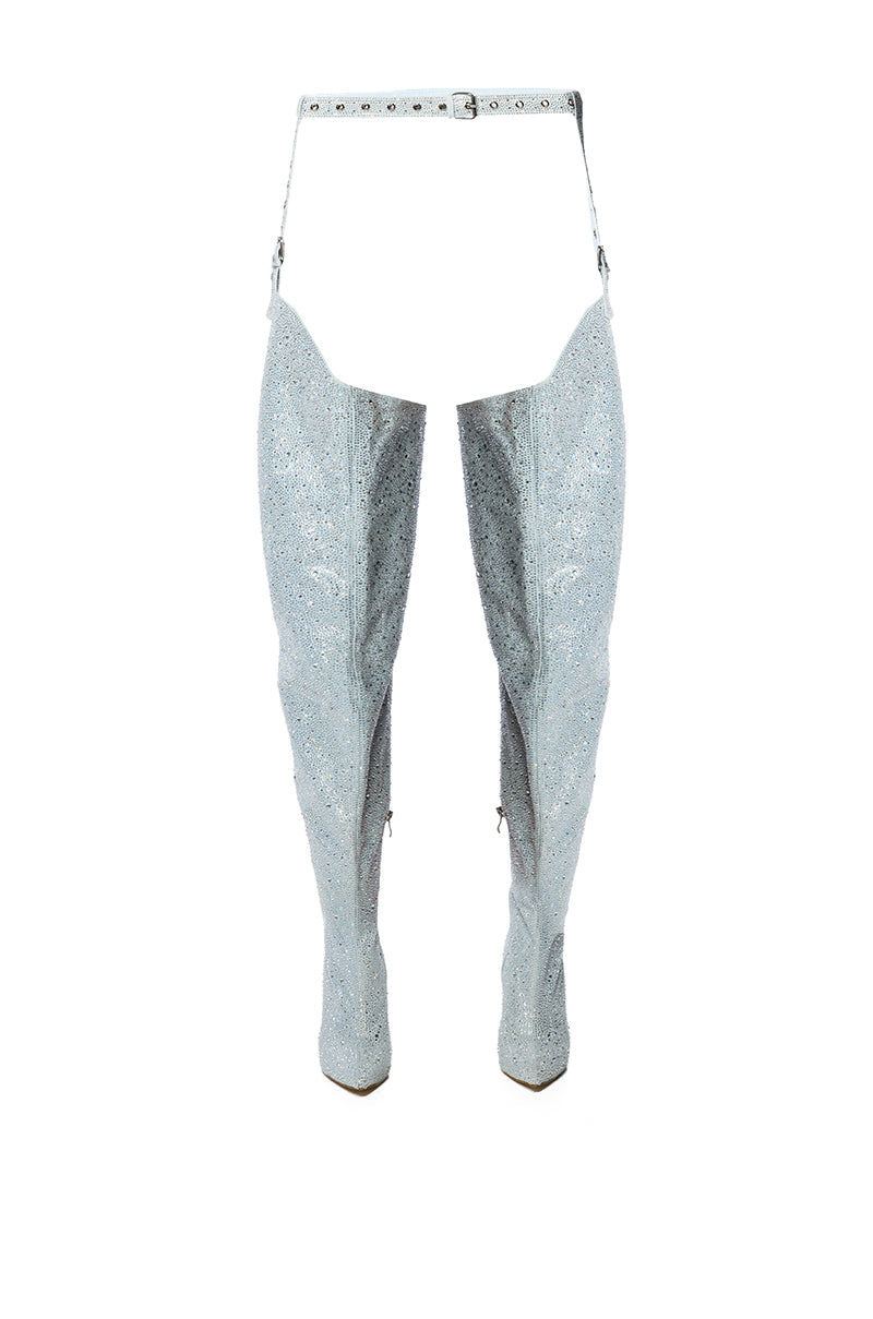 AZALEA WANG JINNY EMBELLISHED THIGH HIGH DENIM CHAP BOOT IN SILVER