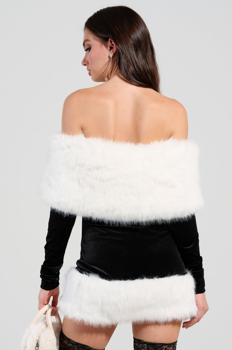 OH BABY VELVET MINI DRESS WITH FUR TRIM