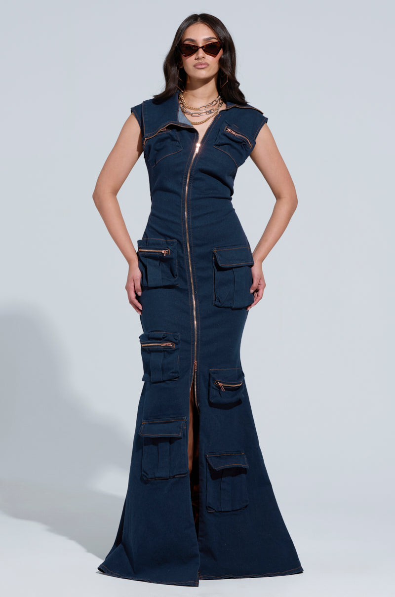 DONT MESS WITH ME COLLARED DENIM MAXI DRESS