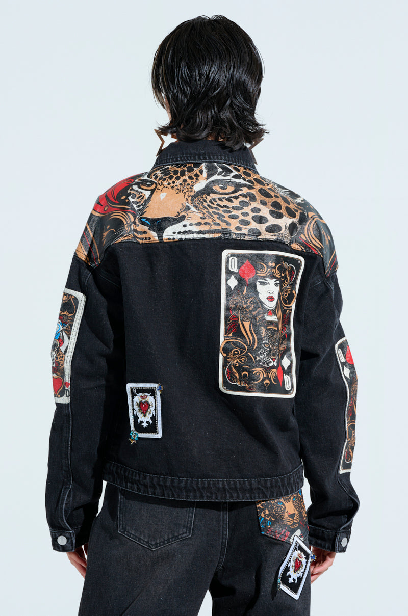 QUEEN OF HEARTS PRINTED AND EMBELLISHED DENIM JACKET