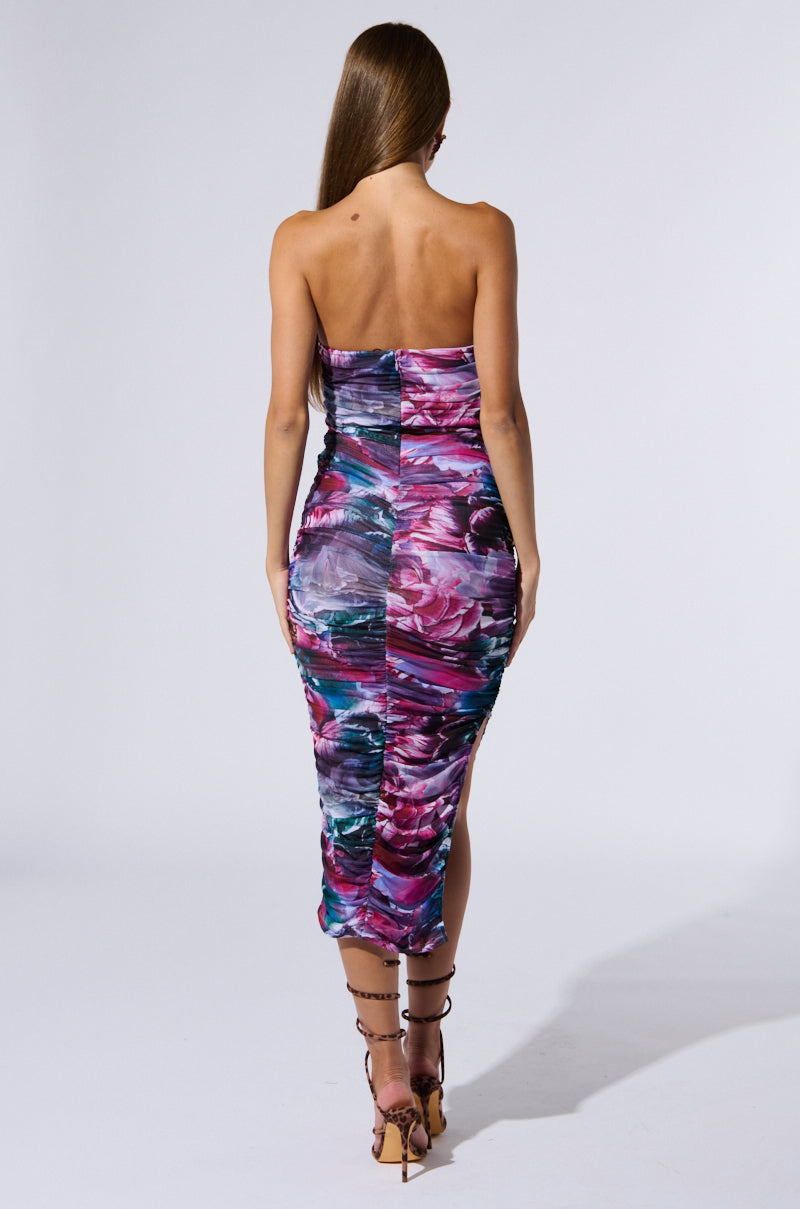 FLORAL FANTASY RUCHED MIDI DRESS