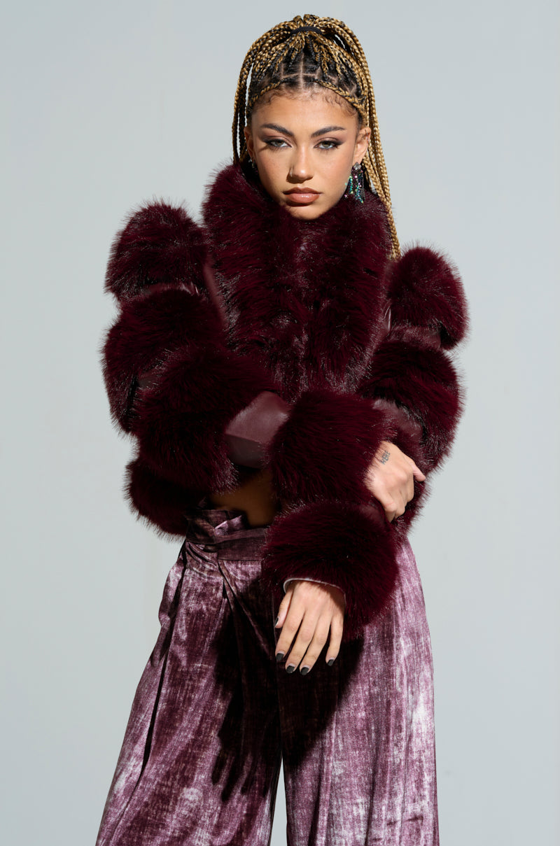 LOVERBOY FAUX FUR MOTO JACKET IN BURGUNDY