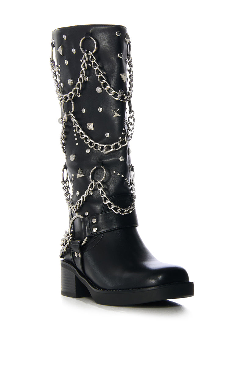 AZALEA WANG FILLMORE BLACK EMBELLISHED HARDWARE FLAT BOOTIE