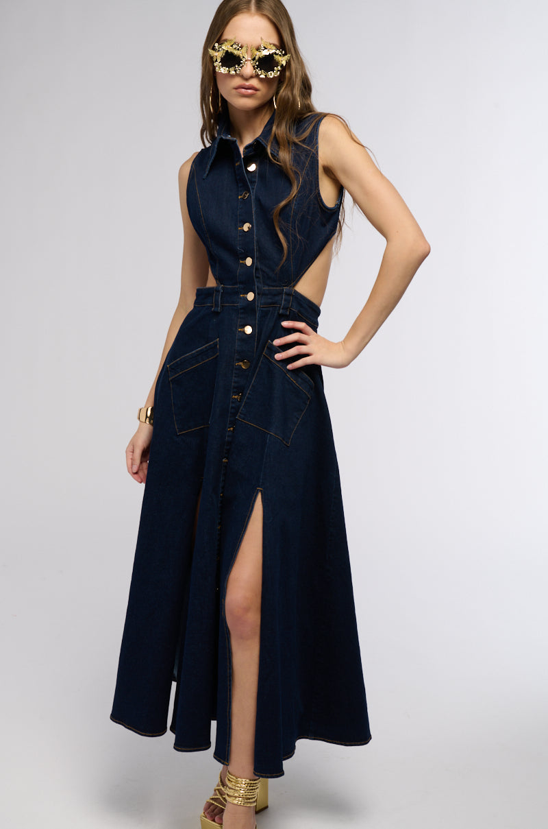 CHIC AF GOLD BUTTON DENIM MIDI DRESS