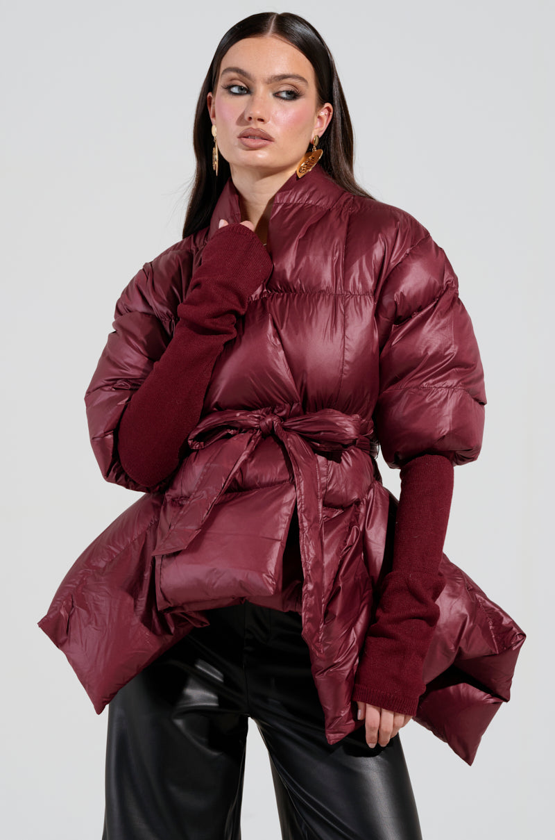 RIB SLEEVE PEPLUM PUFFER IN BURGUNDY