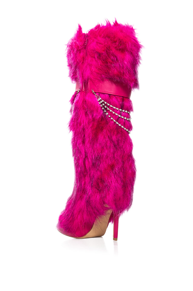 SCANDALOUS FAUX FUR STILETTO BOOT WITH RHINESTONE DETAILING IN PINK