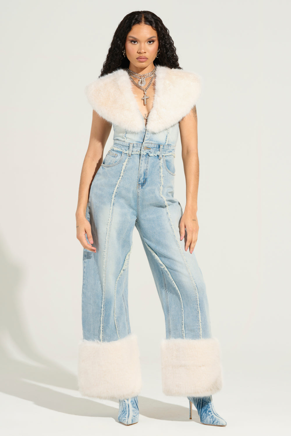 TALK THAT TALK DENIM FUR JUMPSUIT