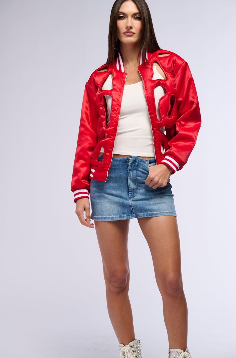 LOOK MY WAY CUT OUT SATIN BOMBER