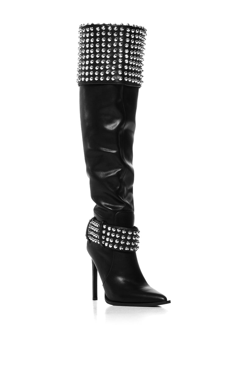 AZALEA WANG MARLENA SILVER STUDDED BLACK BOOT