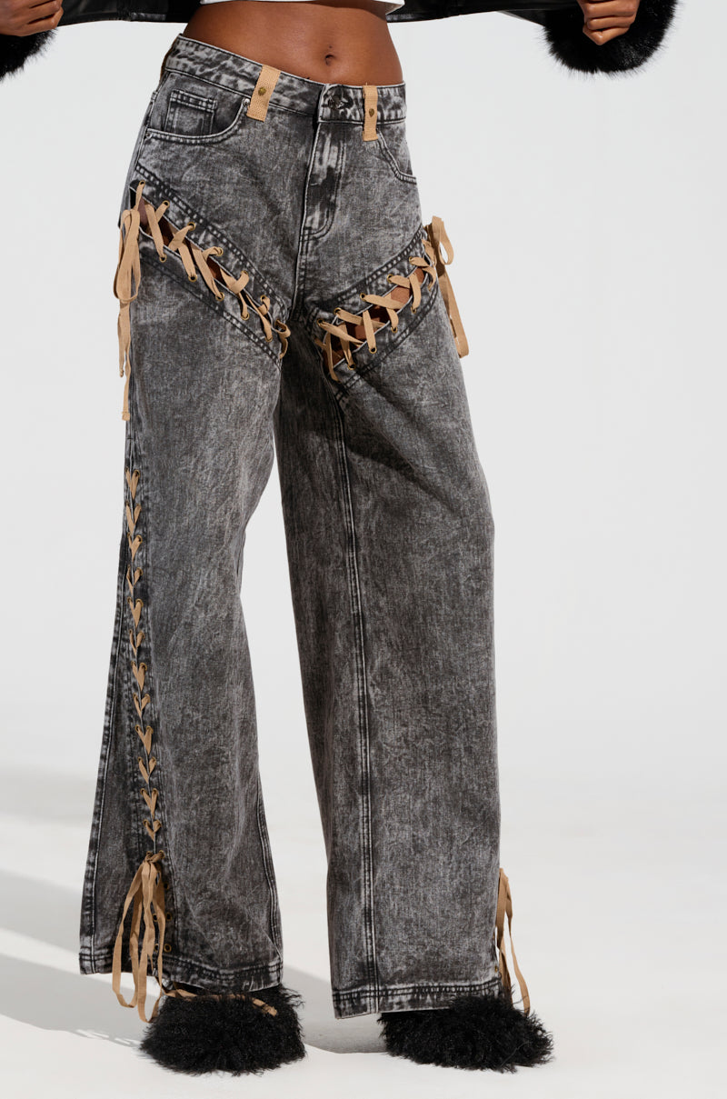 LACED WITH STYLE LACE UP DENIM JEANS