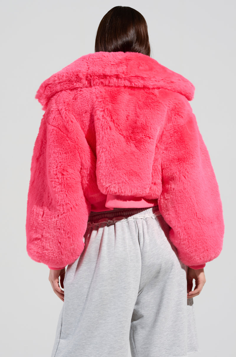 DREW FAUX FUR BOMBER IN HOT PINK