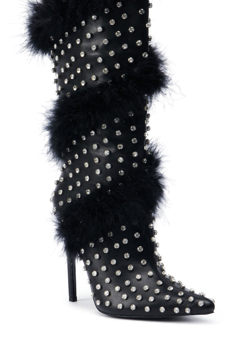 AZALEA WANG GARDENIA FEATHER EMBELLISHED BOOT IN BLACK