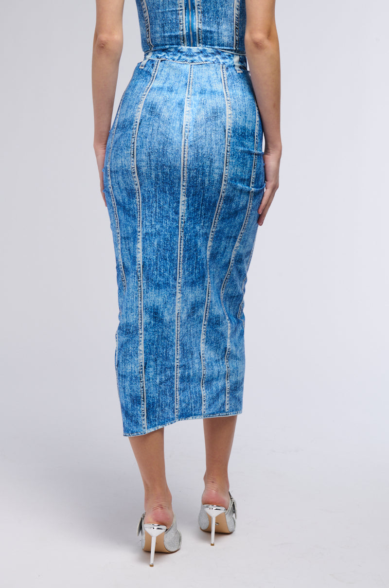 DAY DREAMING DENIM PRINTED MIDI SKIRT