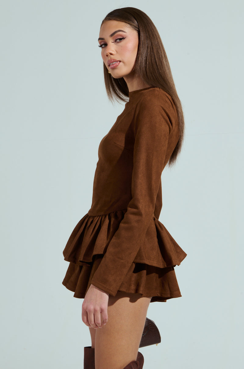 SUEDE RUFFLE LONG SLEEVE ROMPER