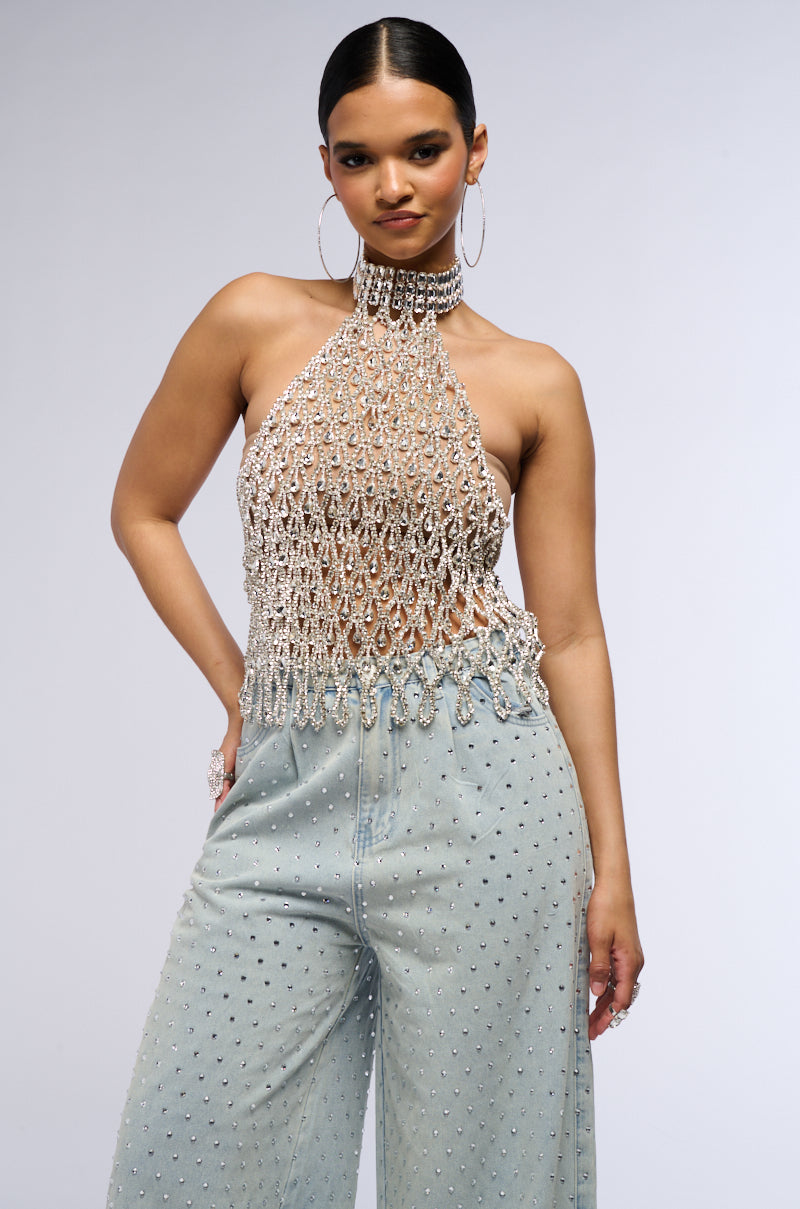 LOREN RHINESTONE HALTER NECK TOP IN SILVER