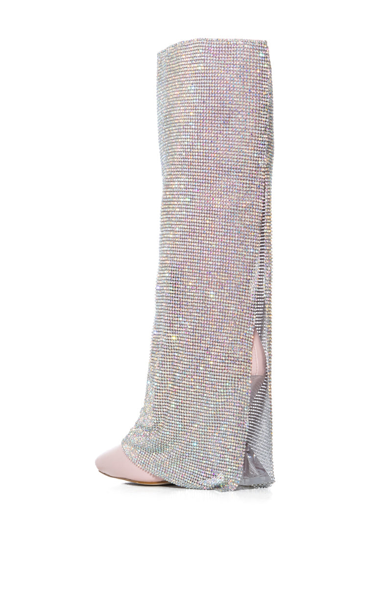 AZALEA WANG RHYANN RHINESTONE CHAINMAIL DRAPE BOOT IN PINK