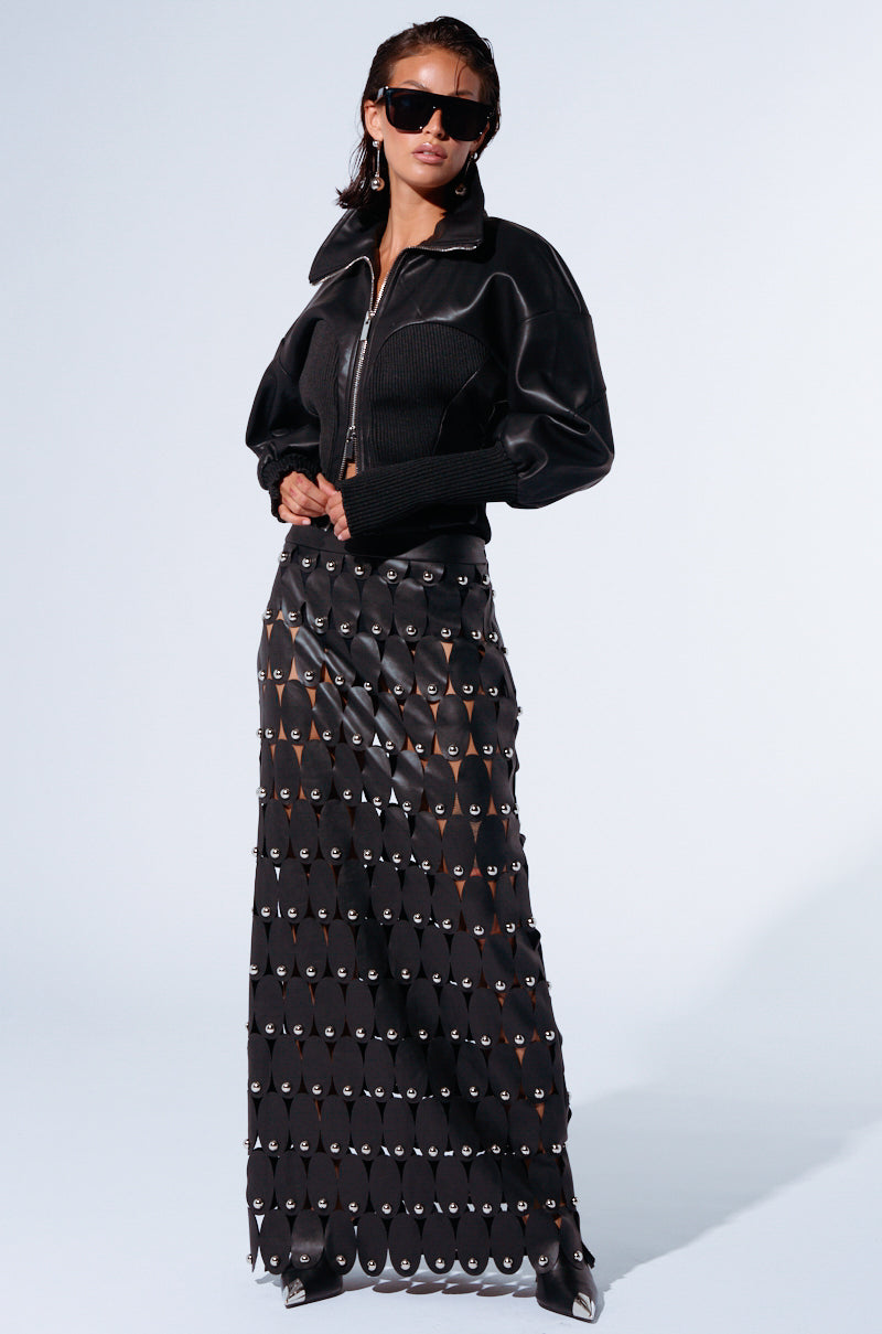 THE SNEAK PEEK STUDDED PU MIDI SKIRT IN BLACK