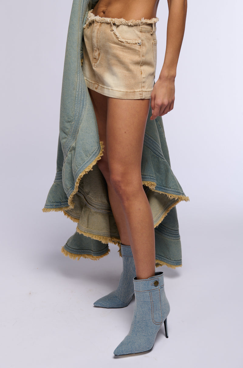 SPICE DISTRESSED DENIM MINI SKIRT