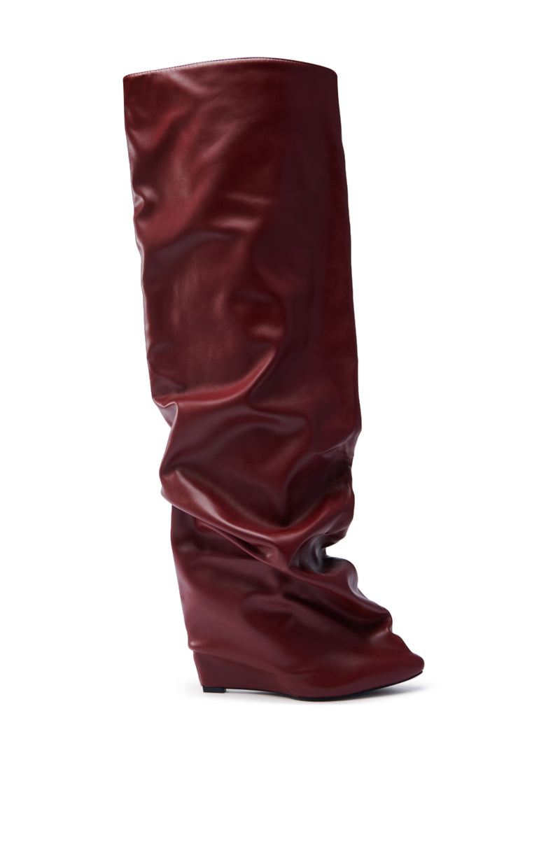 AZALEA WANG TEUILA BURGUNDY WEDGE RUCHED BOOT