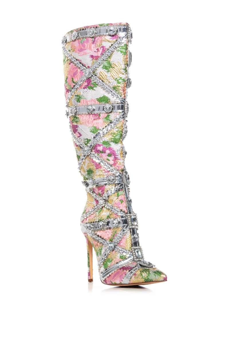 AZALEA WANG CONFIDENT BABY PINK BROCADE EMBELLISHED BOOT