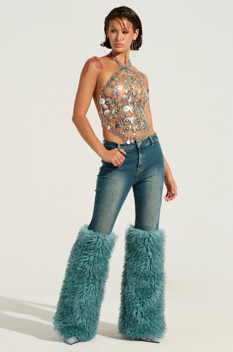 SIT PRETTY FUR TRIM JEANS IN BLUE DENIM