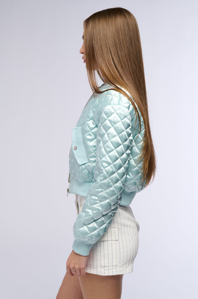 NEVER BETTER QUILTED SATIN BOMBER IN MINT