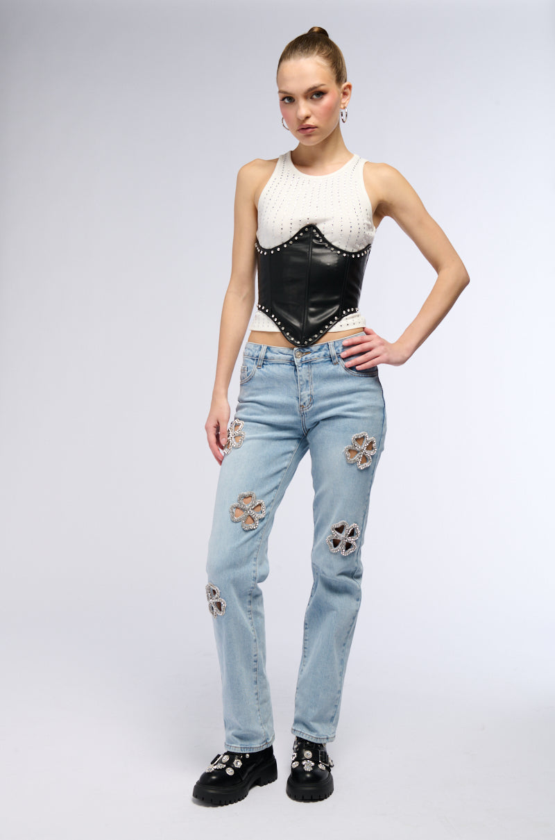 DIVINE FEMININE ENERGY RHINESTONE DETAIL JEANS