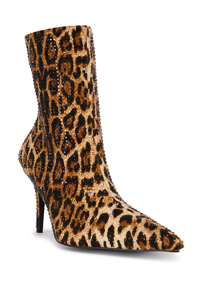 AZALEA WANG CHAUNDRA CHEETAH STILETTO RHINESTONE BOOTIE