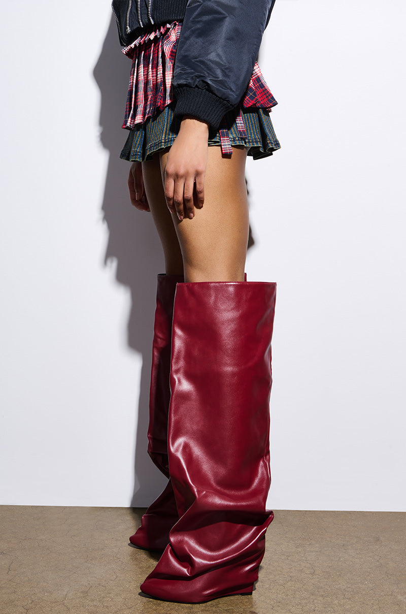 AZALEA WANG TEUILA BURGUNDY WEDGE RUCHED BOOT