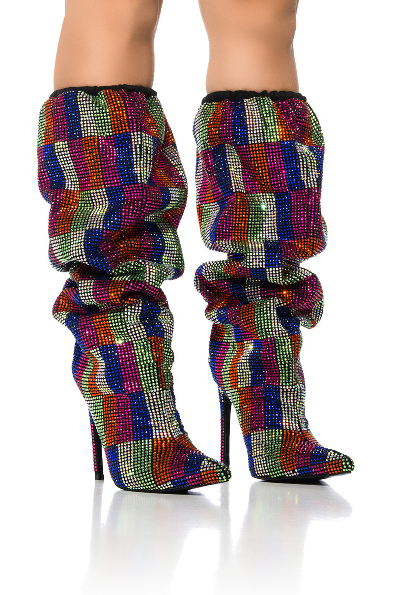 AZALEA WANG BELEN MULTI CHECKERBOARD RHINESTONE DETAIL BOOT