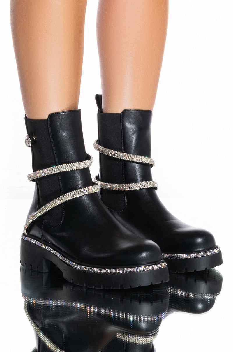 AZALEA WANG VIENNA DIAMOND SNAKE FLATFORM BOOTIE IN BLACK