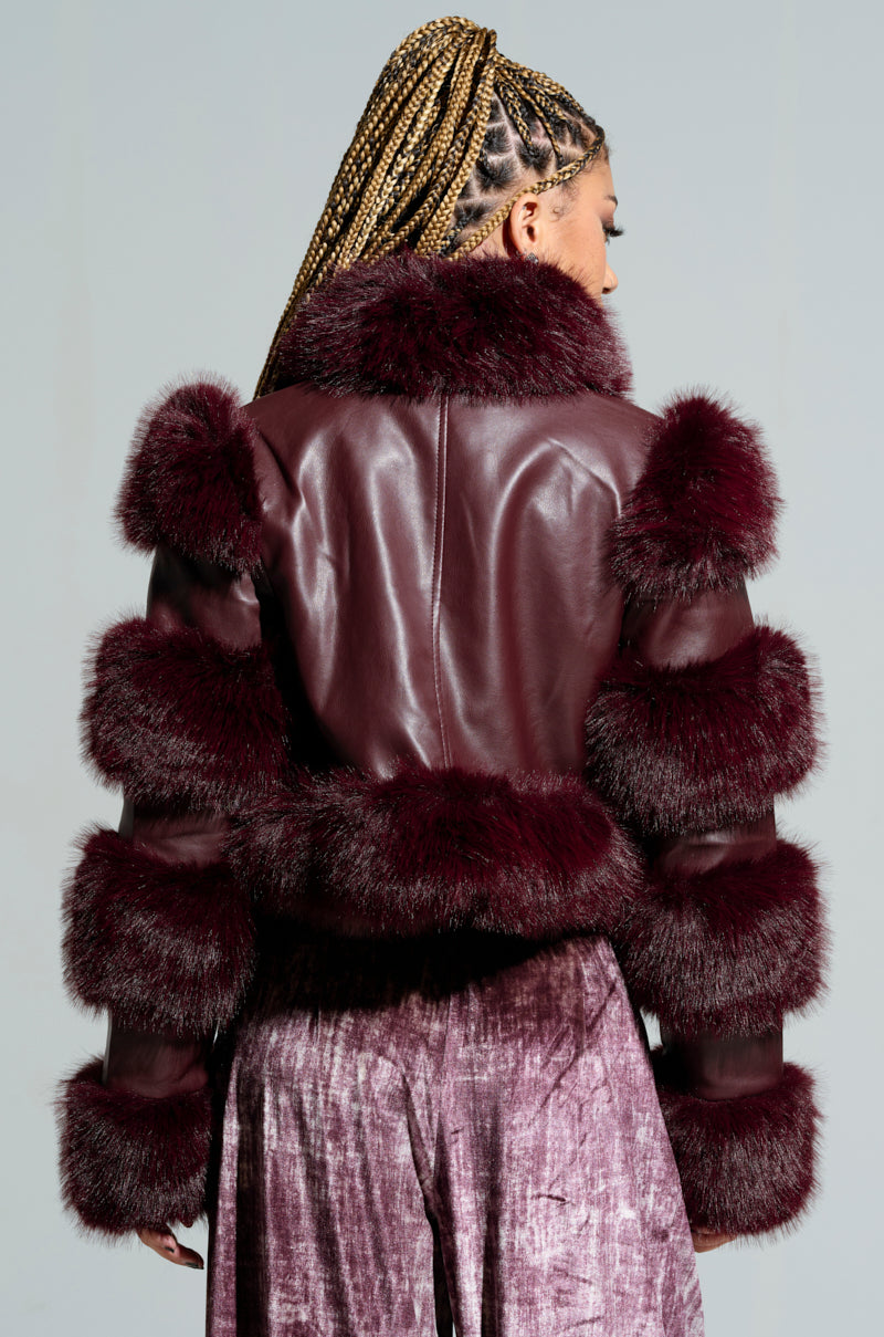 LOVERBOY FAUX FUR MOTO JACKET IN BURGUNDY