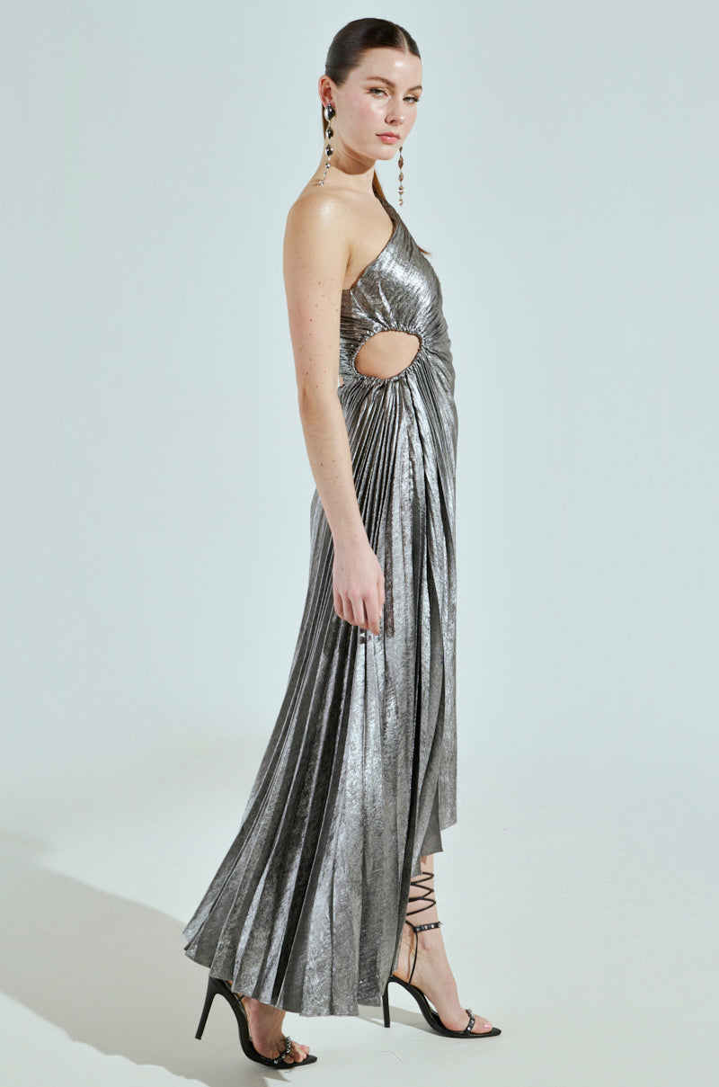 A LITTLE PARTY PLEATED MIDI DRESS IN SILVER