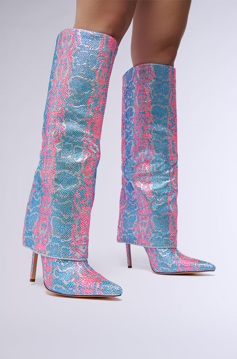 AZALEA WANG LUXER PINK AND BLUE MULTI RHINESTONE BOOT