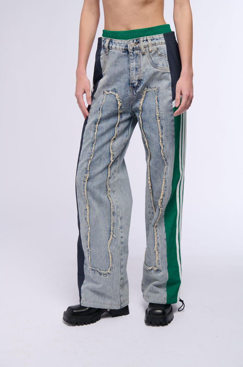 ALL AROUND THE WORLD PATCHWORK DENIM JOGGER PANT IN GREEN MULTI