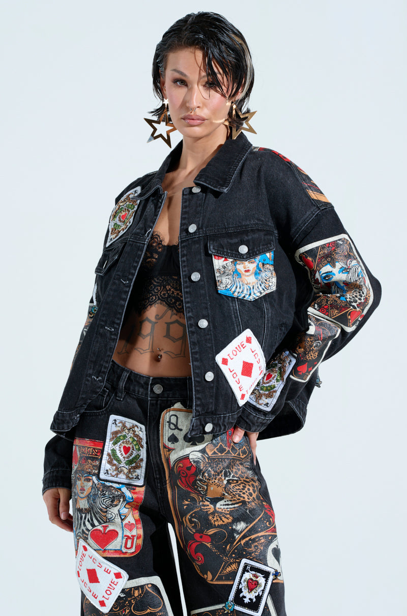 QUEEN OF HEARTS PRINTED AND EMBELLISHED DENIM JACKET