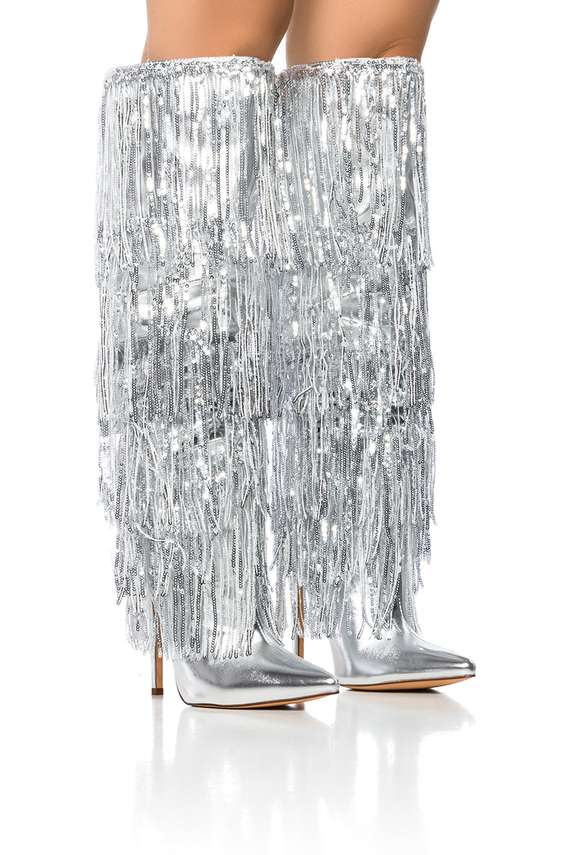 AZALEA WANG ADRIEL SILVER FRINGE STILETTO BOOT